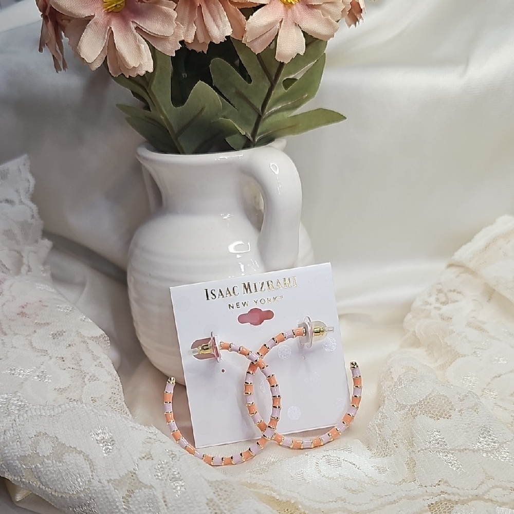 Isaac Mizrahi Goldtone, Pink and  Enamel Striped Hoop Earrings